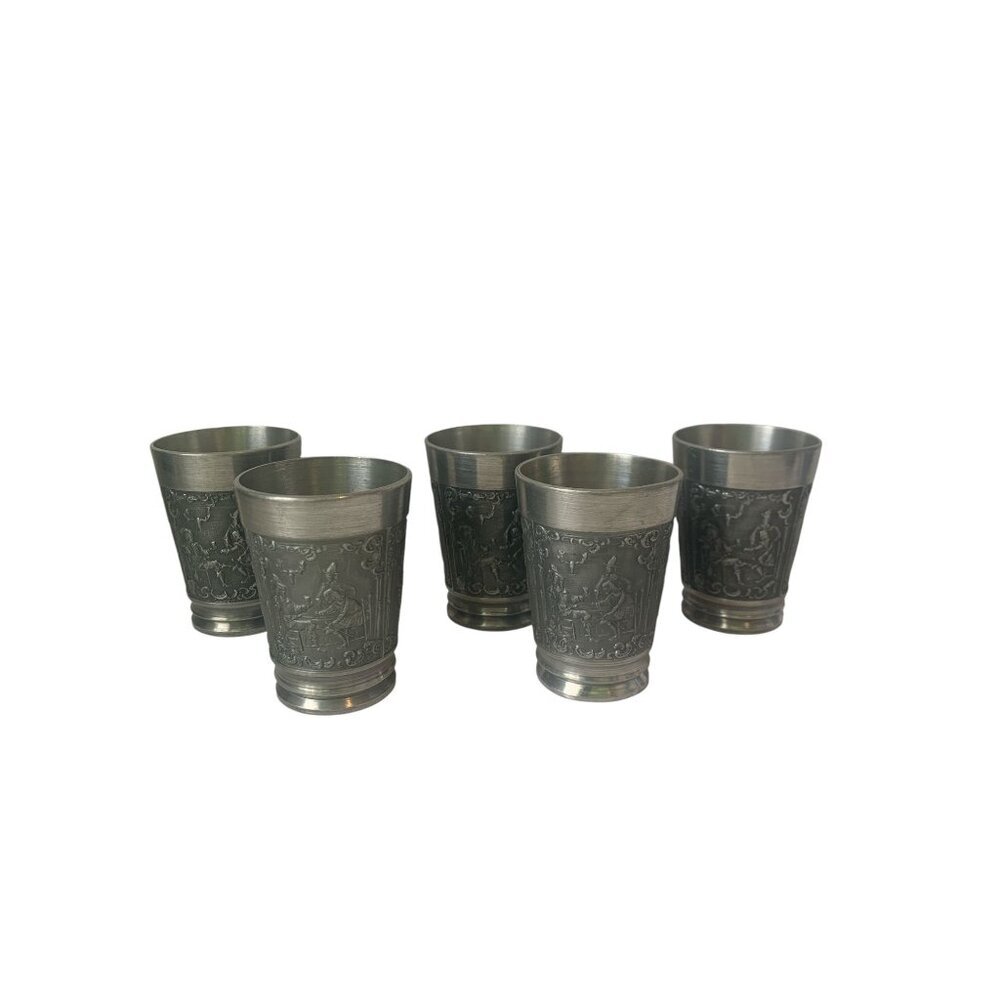 5 German Pewter Cups Glasses Cordial Liqueur Frieling Zin Raised Relief Vintage